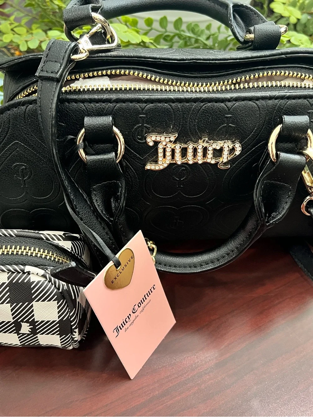 Juicy Couture Black Embossed Logo Satchel with Gold-Tone Accents